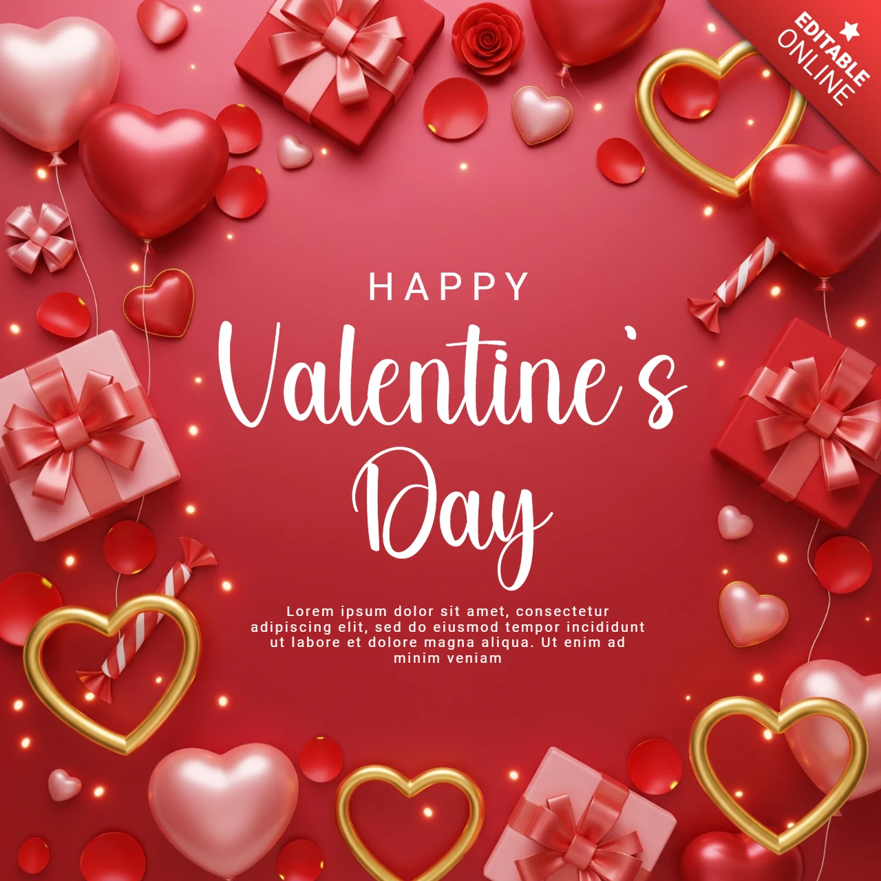 Valentine’s Day Poster Red Background with Heart Balloons, Rose Petals, and Gift Boxes