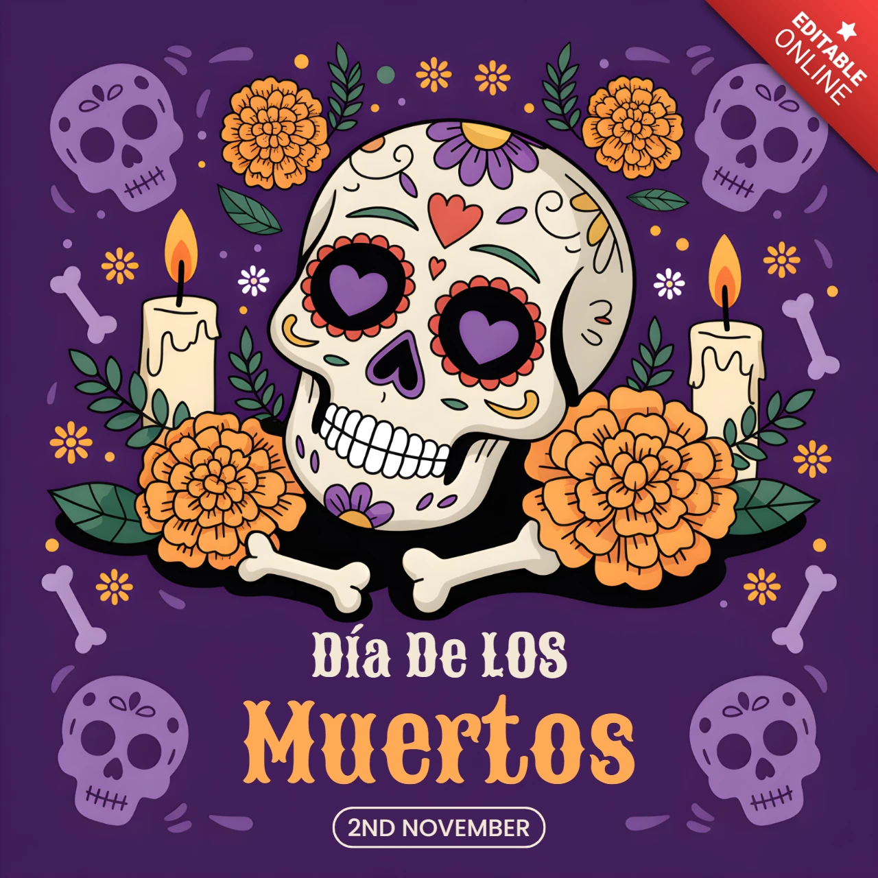 Colorful Dia de los Muertos Skull Design Template for Posters and Merchandise