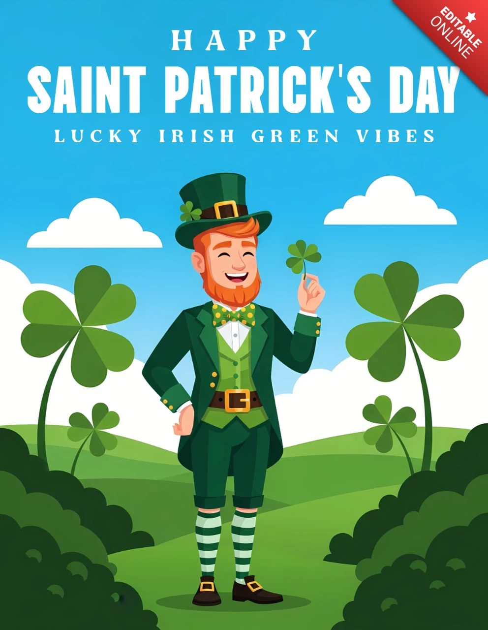Szablon projektu na Dzień Świętego Patryka z wesołym leprechaunem do radosnych kartek okolicznościowych.