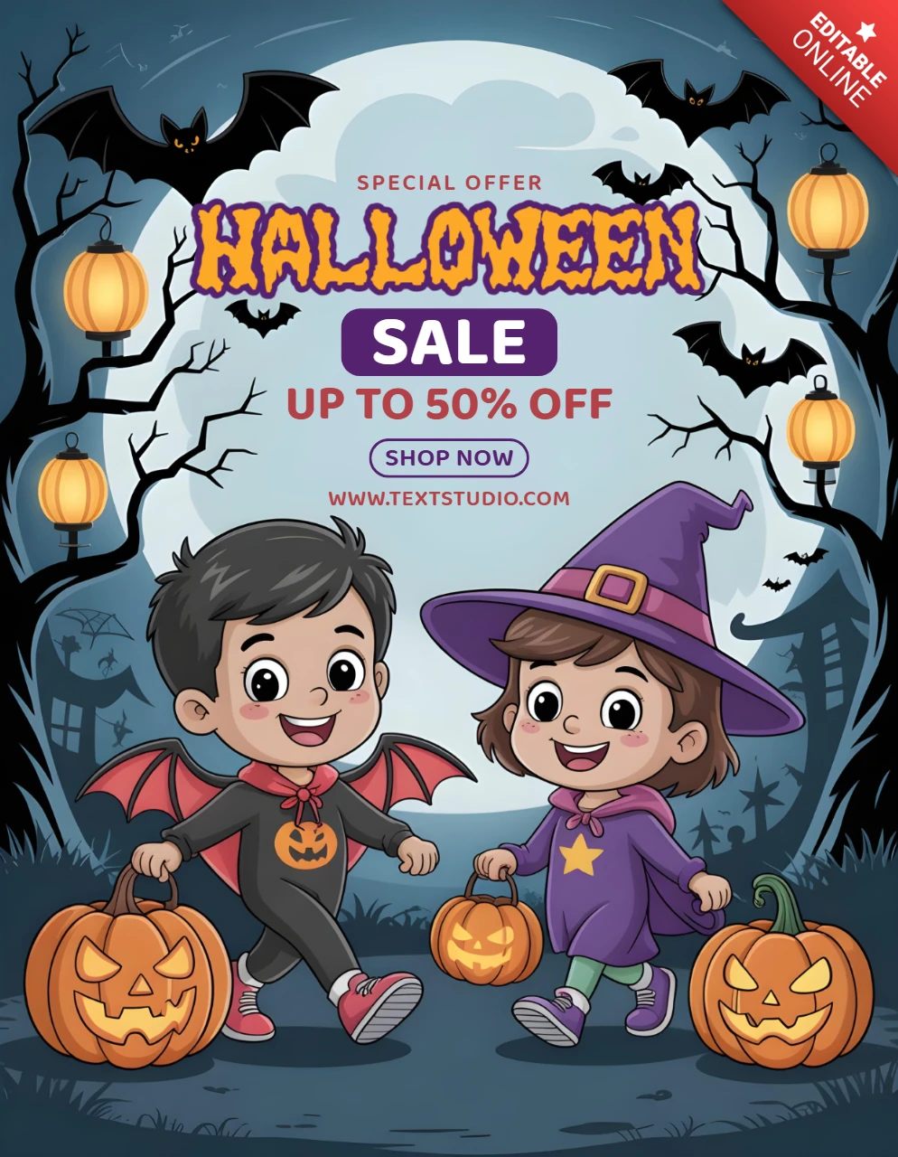 Plantilla de banner de descuento de Halloween con personajes festivos y diseño de árboles retorcidos para volantes festivos.