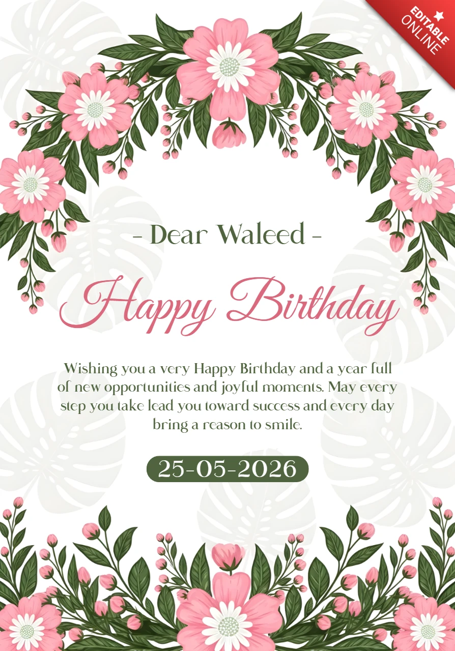 Template di biglietto di compleanno floreale design elegante con fiori rosa per celebrazioni personalizzate