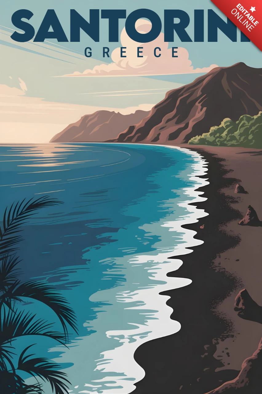 Küstenklippenansicht mit dunklem Strand und Sonnenuntergangshimmel Santorini Reiseposter-Designvorlage