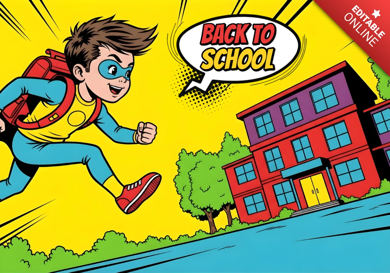 Plantilla de diseño de cartel de estudiante superhéroe de regreso a la escuela corriendo hacia la escuela con capa roja y puerta amarilla.