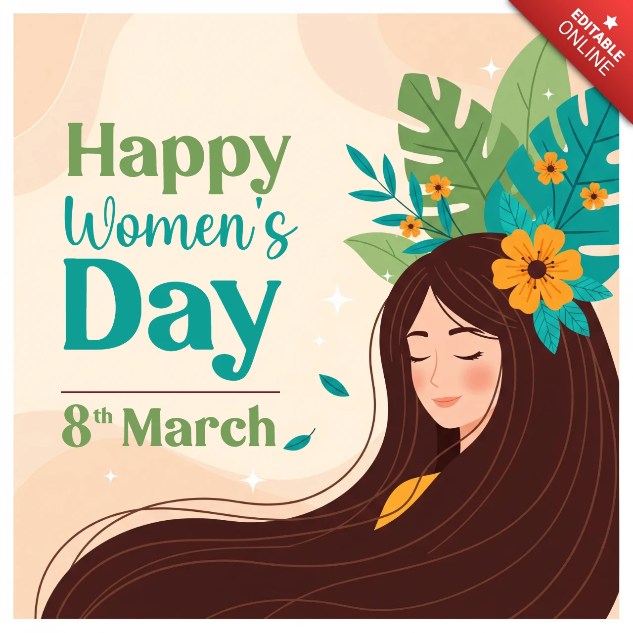 Template de design de cartaz para o Dia Internacional da Mulher com silhueta de mulher, folhas tropicais e citação inspiradora.