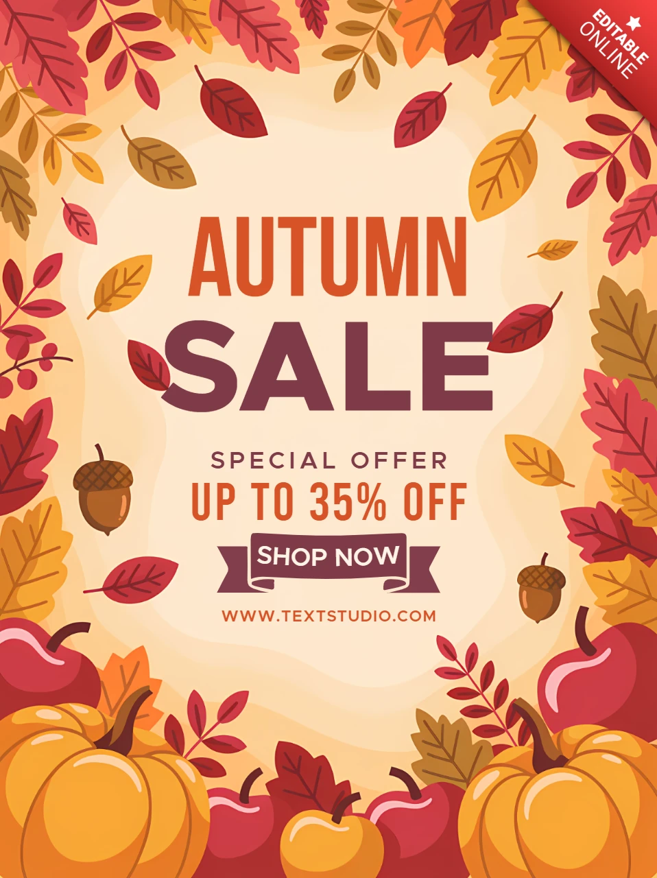 Autumn Sale Design Template with Colorful Leaves and Pumpkins for Promotional Flyers