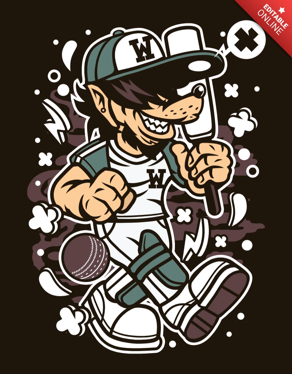 Wolf Cricket Cartoon Character Poster Design Template