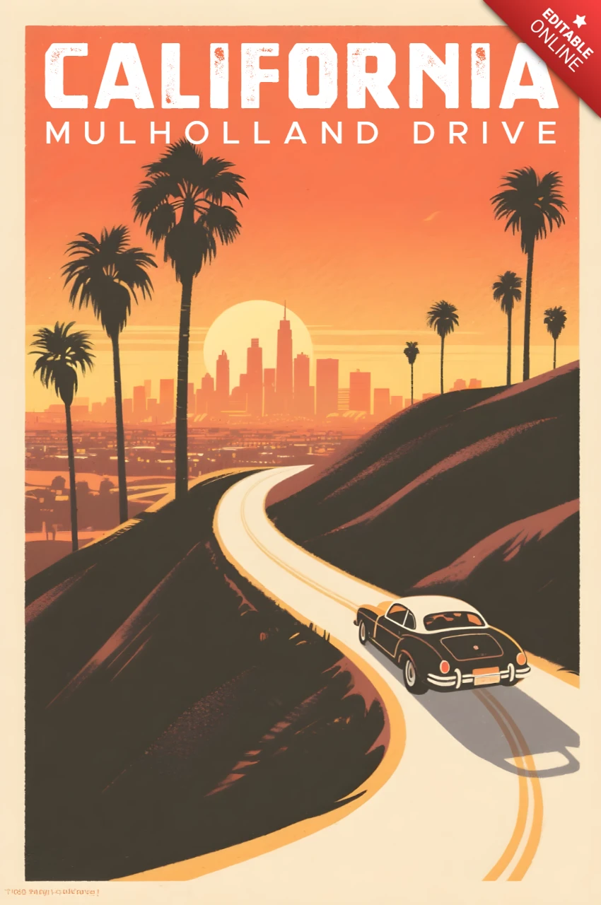 California Mulholland Drive design di poster vintage di viaggio con auto retrò e palme