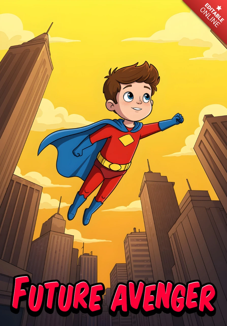 Niño superhéroe vengador del futuro volando sobre la ciudad con un diseño de cartel rojo audaz.