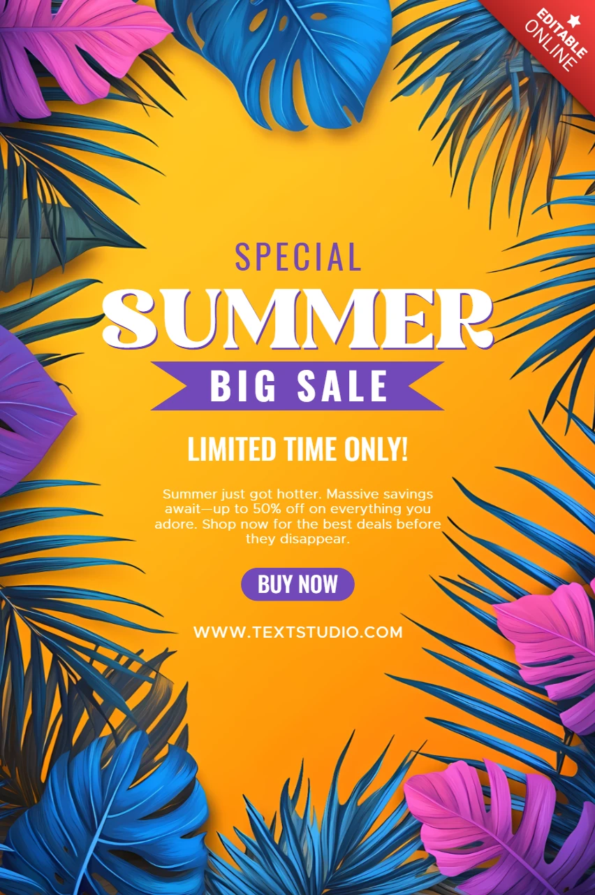 Vibrant Summer Sale Design Template with Tropical Leaves
