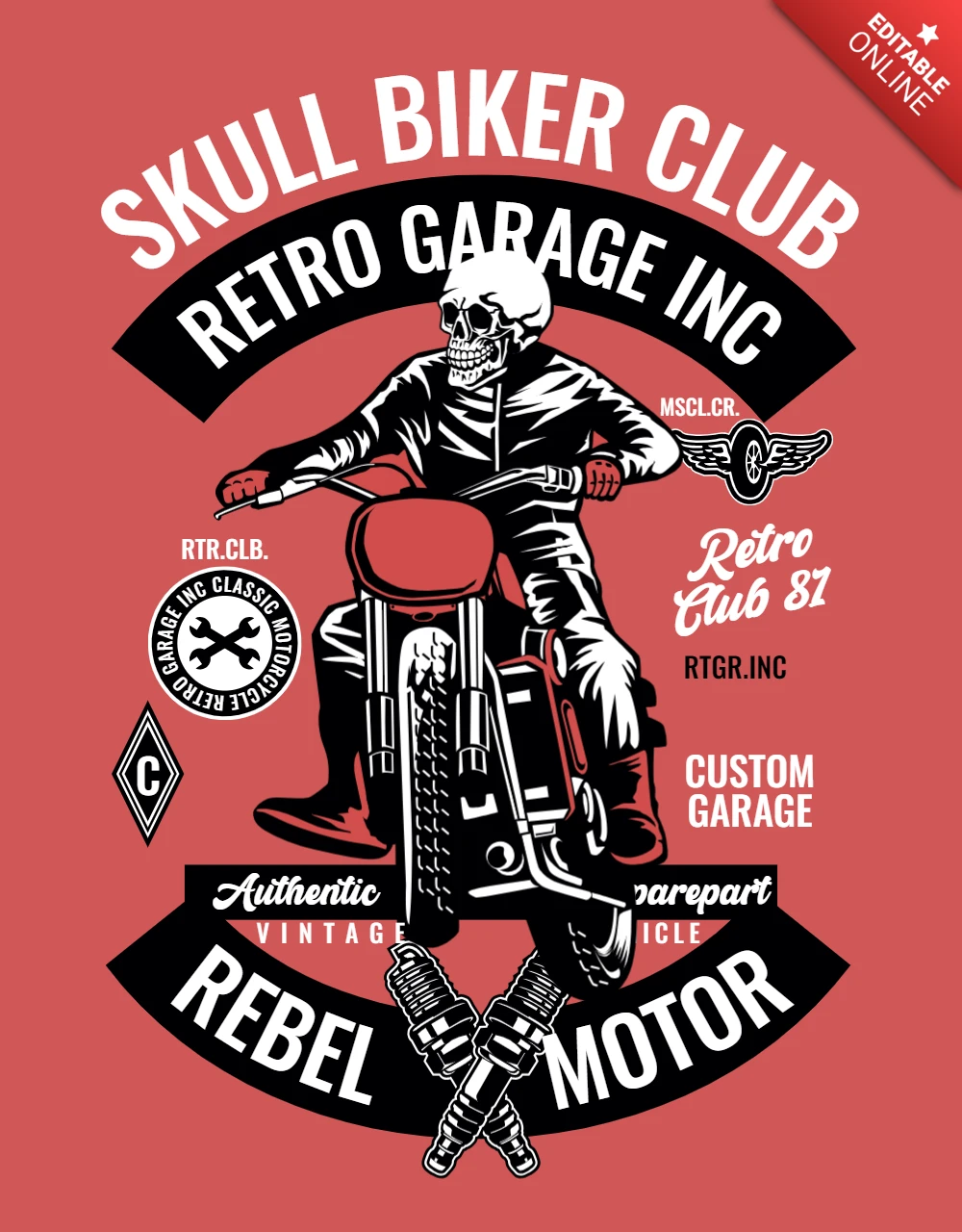 Skull Biker Club Retro Garage Vintage T-shirt Design Template
