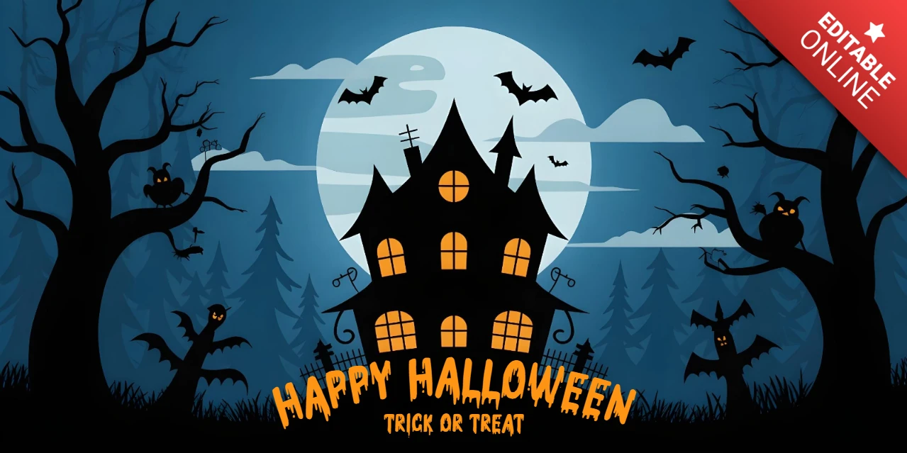 ハロウィンの幽霊屋敷、満月、コウモリとジャック・オー・ランタンの木々のYouTubeカバーデザインテンプレート