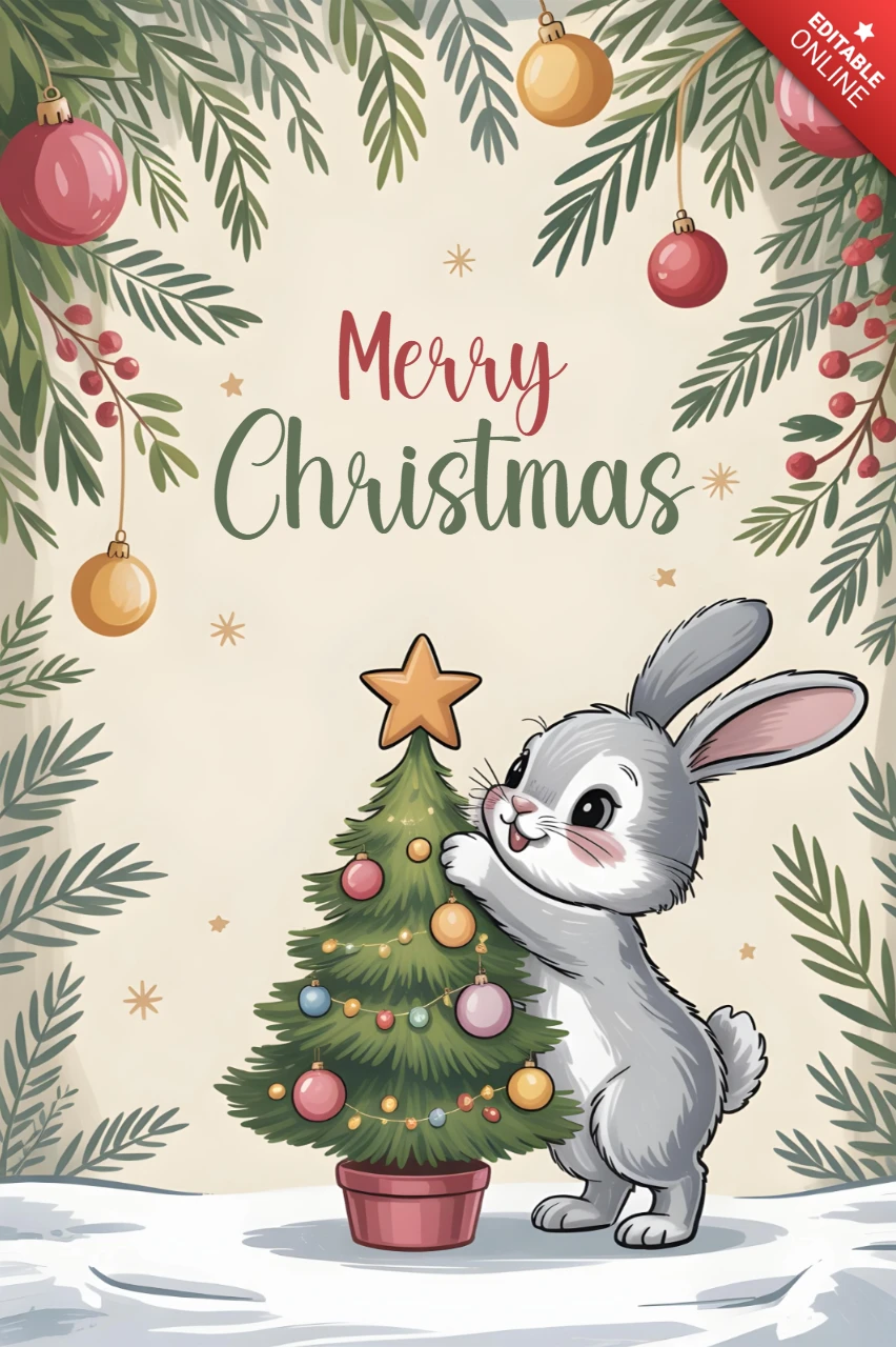 Carte de vœux de Noël mignonne avec un lapin gris décorant un arbre avec une étoile en haut et des ornements festifs, modèle de design.