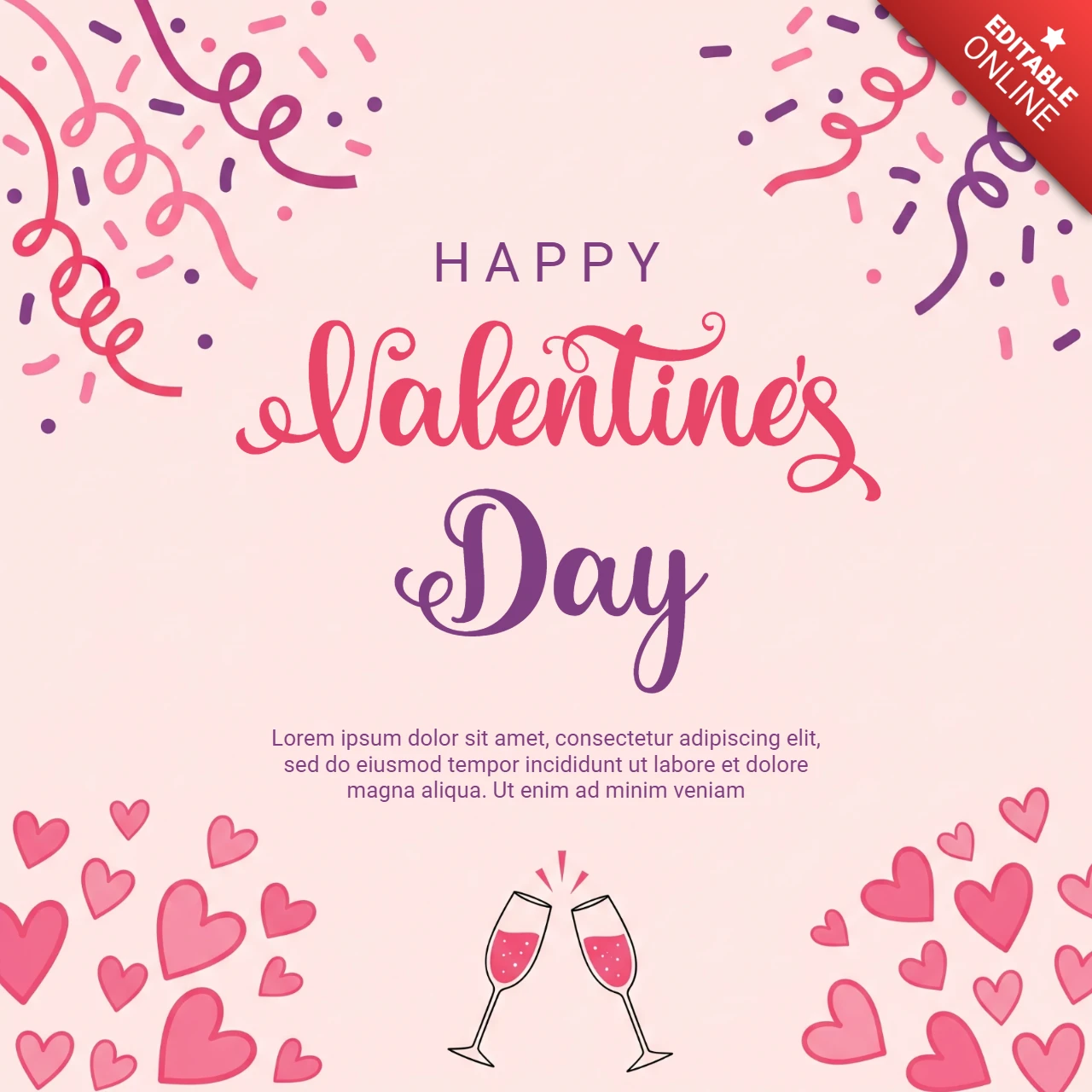 Carte de Saint-Valentin avec des flûtes de champagne s'entrechoquant, des confettis roses et des accents en forme de cœur sur un fond doux.