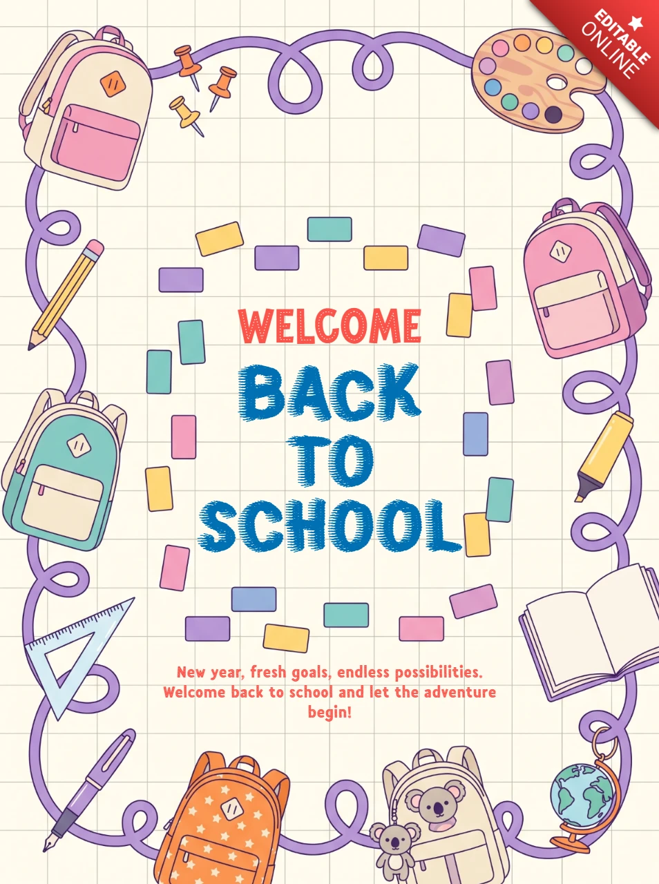 Welcome back to school colorful hand drawn frame with education supplies and school bag icons