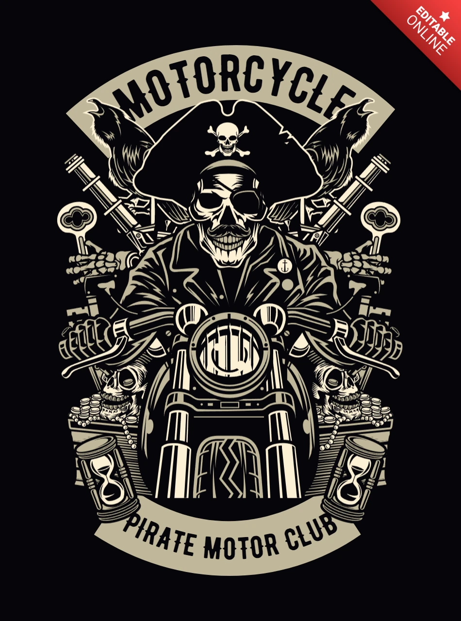 Modelo de design de camiseta com caveira de clube de motociclistas piratas