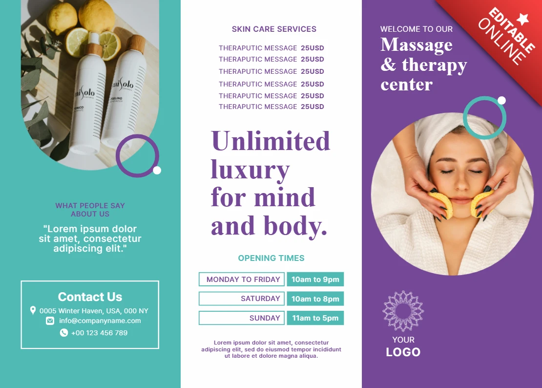 Modelo de brochura moderna para spa para serviços de massagem e terapia