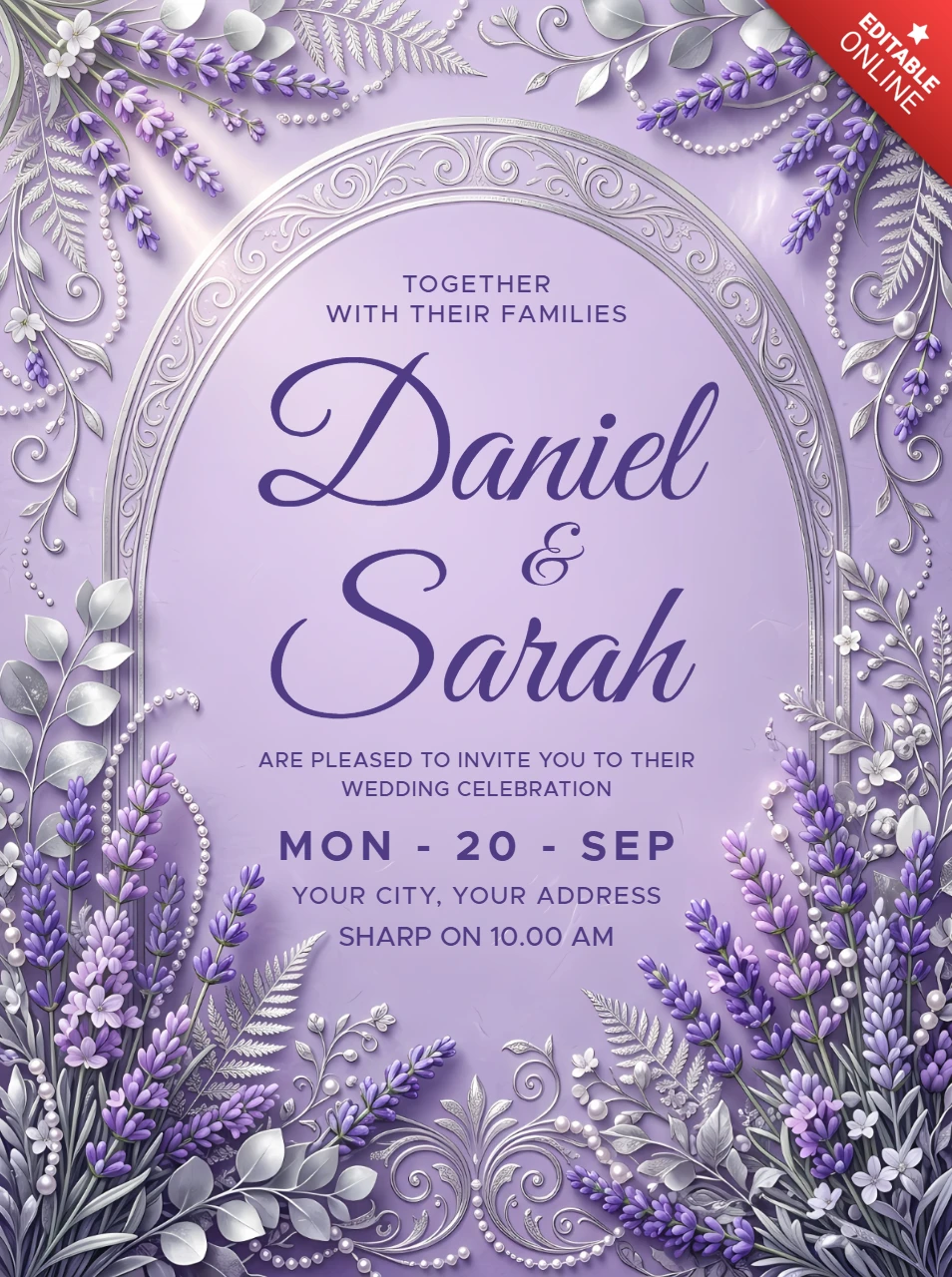 Plantilla de tarjeta de invitación de boda de lavanda de lujo con marco de arco floral plateado y diseño botánico elegante