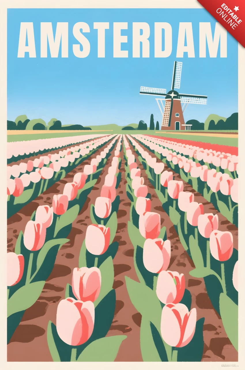 Modèle de design vintage de champ de tulipes d'Amsterdam pour affiches