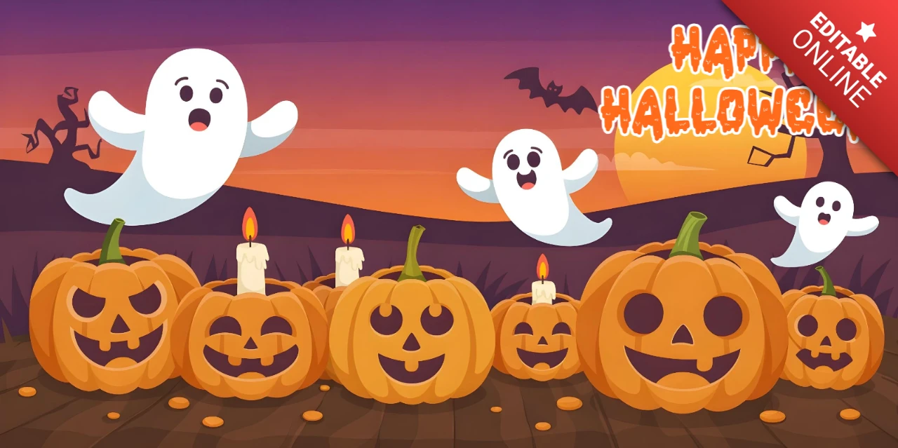 Happy Halloween Jack-o'-Lanterns, Haunted Trees & Orange-Purple Sky Facebook Cover Design Template