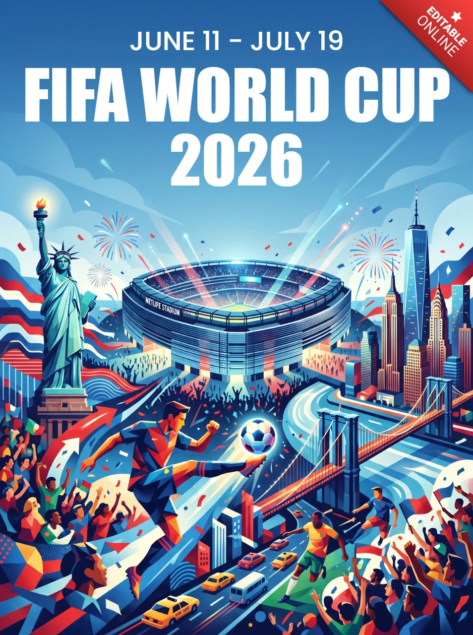 Poster della Coppa del Mondo FIFA 2026 di calcio a Seattle Lumen Field con Space Needle, Monte Rainier, giocatori di calcio, traghetto e tifosi che esultano