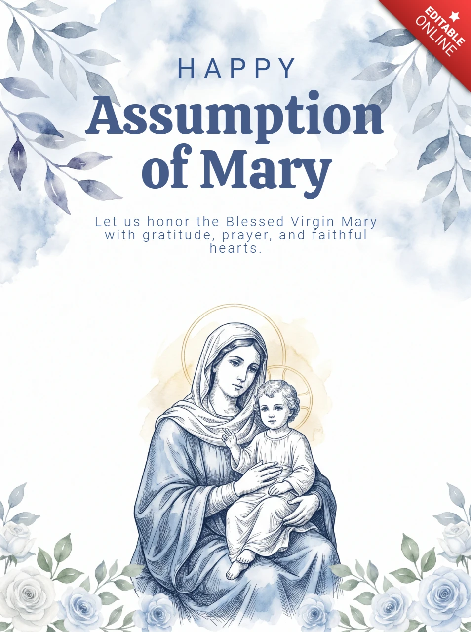 Assumption of Mary Religious Poster Blessed Virgin Holding Infant Jesus Golden Halo Blue Watercolor Floral Roses