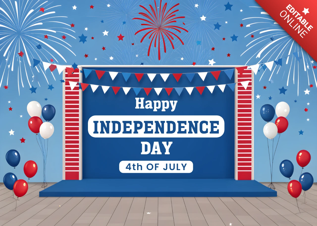 Plantilla de celebración del día de la independencia de EE. UU. con diseño de fuegos artificiales y banderines.