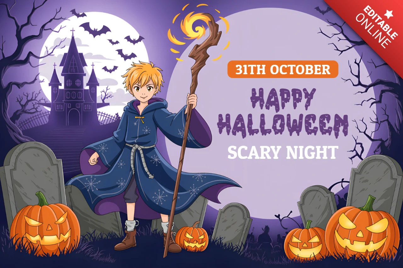 Modello di design a tema Halloween con personaggio mago per inviti a feste