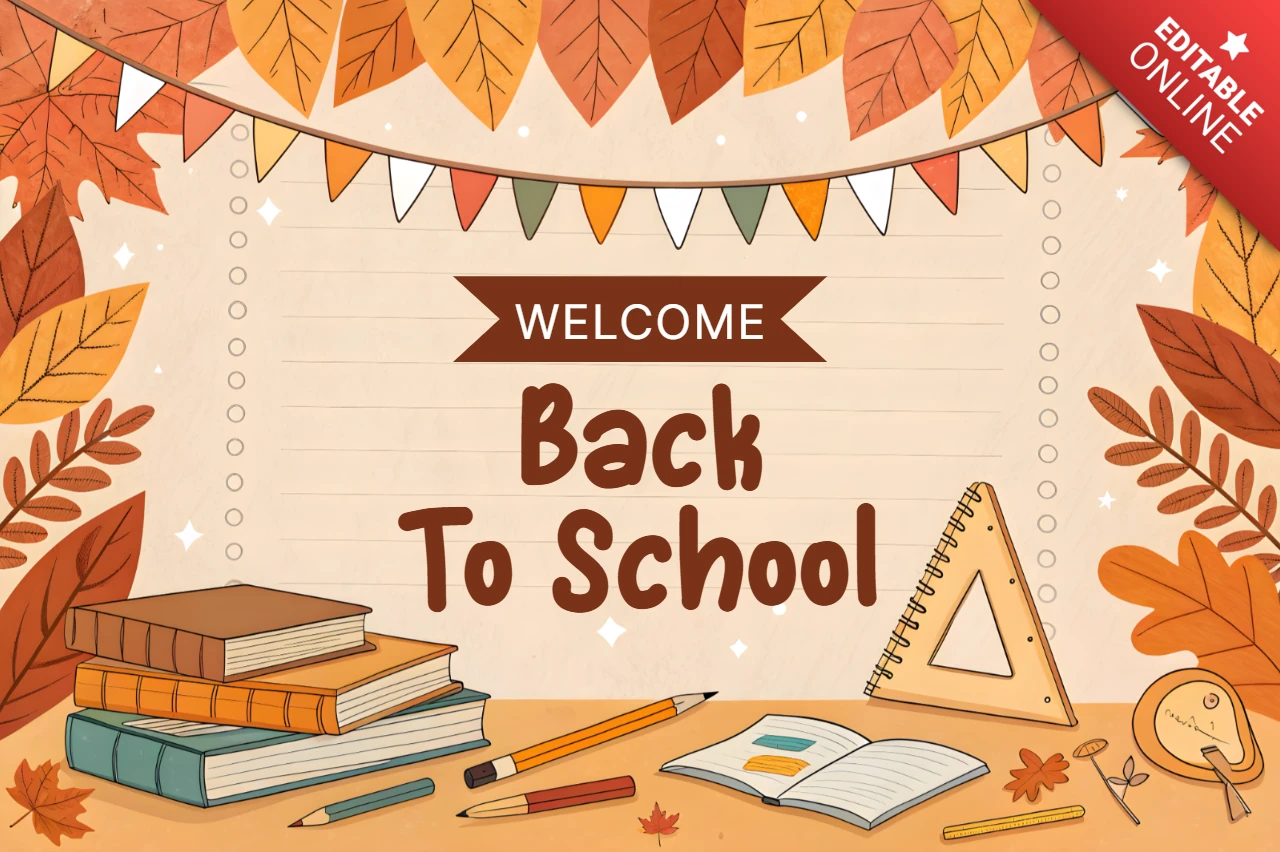 Zurück zur Schule Willkommensdesignvorlage mit Herbstblättern und Schulmaterialien für Poster
