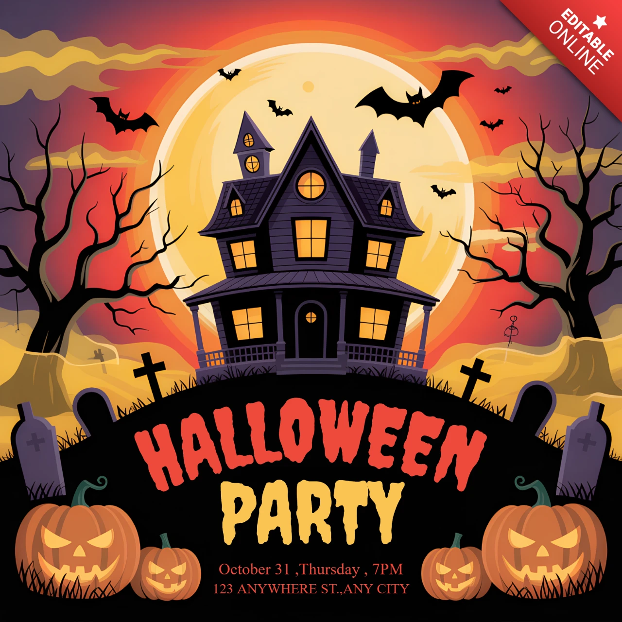 Gruselige Halloween-Party-Einladungsvorlage mit Design eines Spukhauses