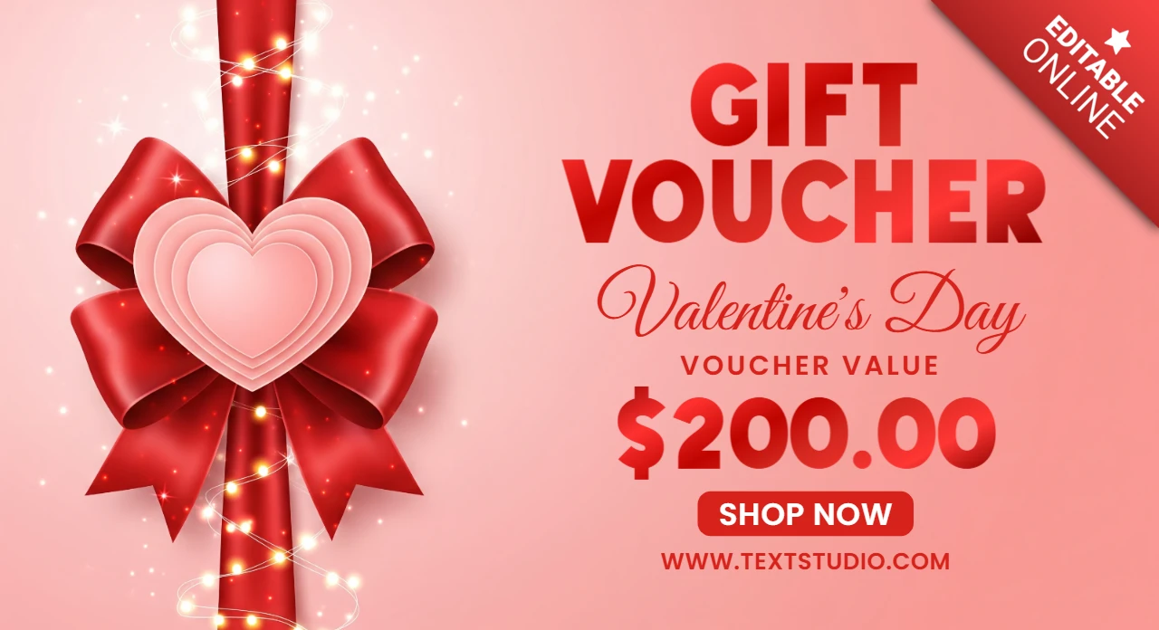 Modèle de bon cadeau romantique pour la Saint-Valentin avec un ruban rouge et des cœurs décoratifs.