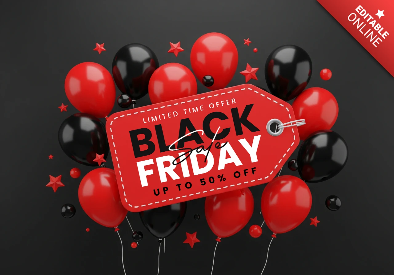 Pôster promocional da Black Friday com design de etiqueta de preço vermelha, balões pretos e vermelhos em fundo escuro, modelo de design de venda para folhetos promocionais.