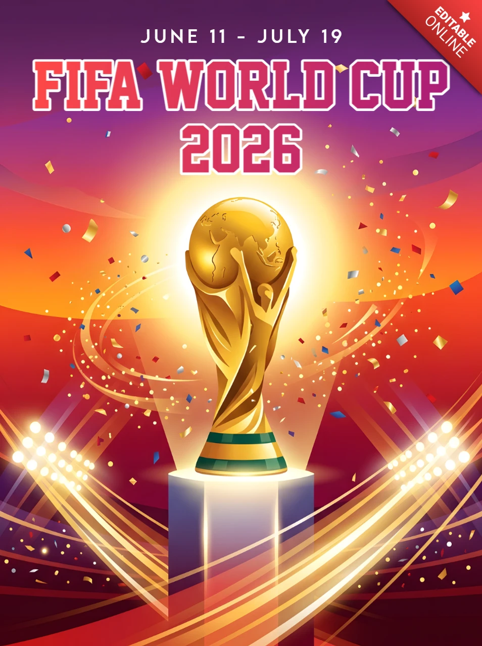 Plakat mistrzostw Pucharu Świata FIFA 2026 z złotym trofeum, dynamicznymi efektami świetlnymi i atmosferą zwycięstwa