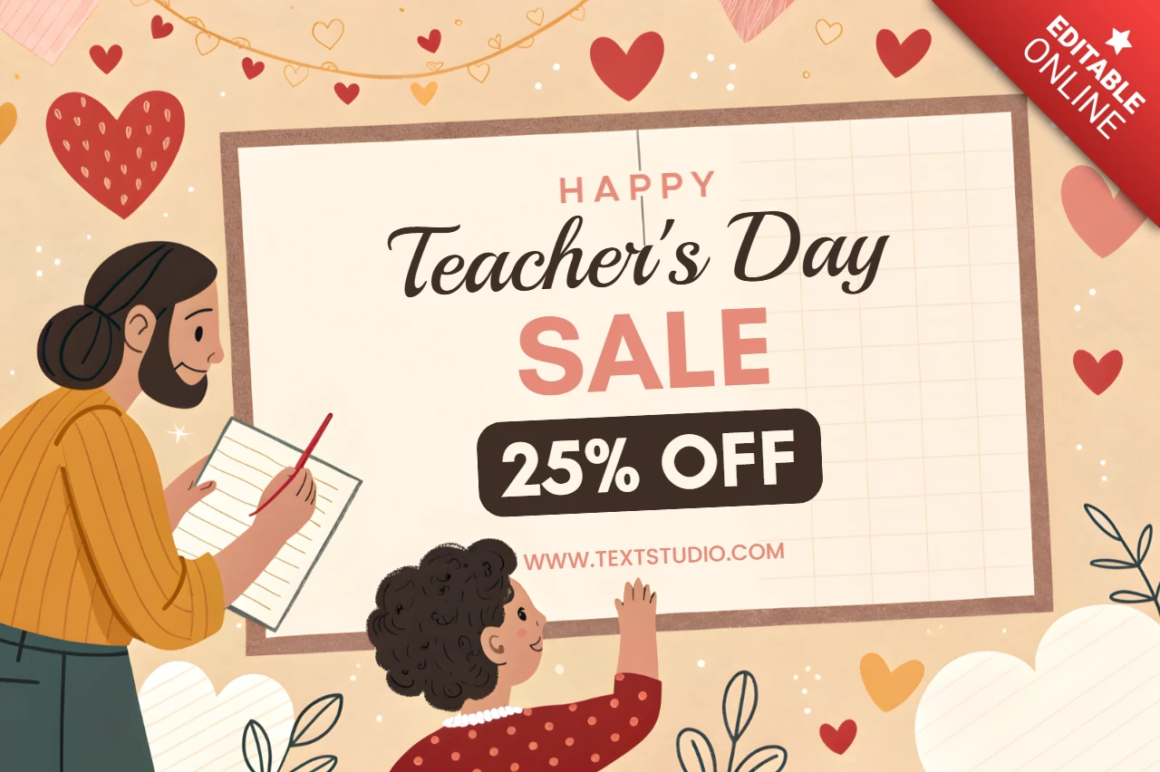 Modelo de promoção de feliz dia do professor - design de ilustração extravagante com promoção de 25% de desconto