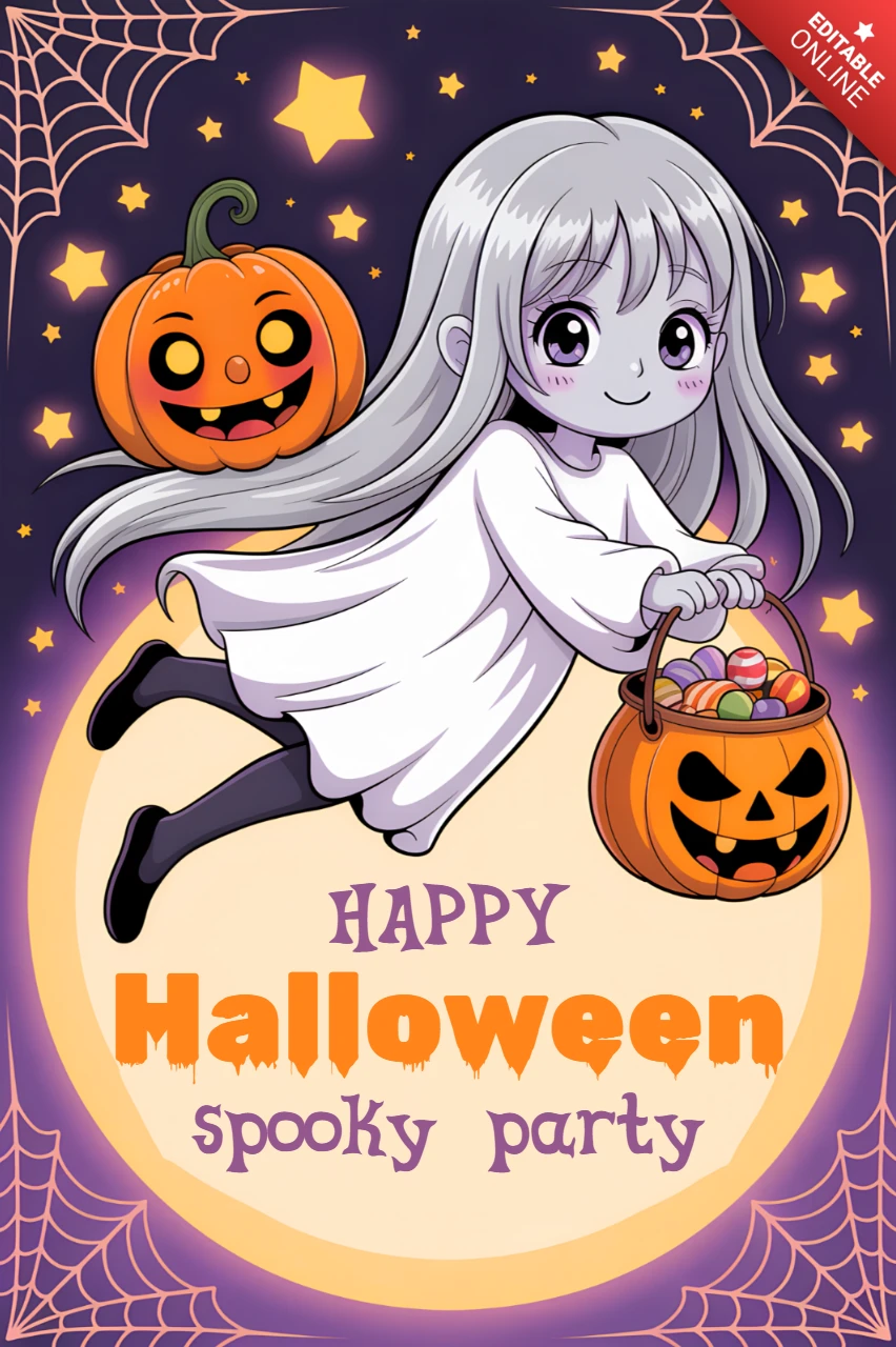 Gruselige Halloween-Party-Designvorlage mit süßem Geist und Kürbis für Kinder-Einladungen
