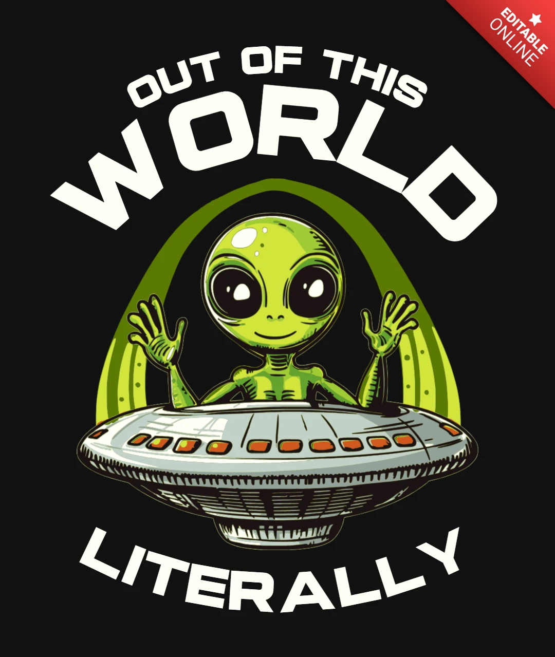 Außerirdischer, verspielter Alien in einem fliegenden Untertassen-Illustration T-Shirt Design-Vorlage