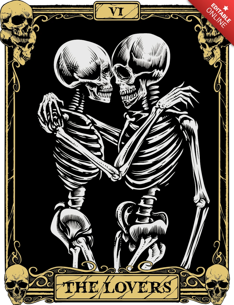 Vintage Skeleton Lovers Oracle Card Template - Editable Gothic Art Style