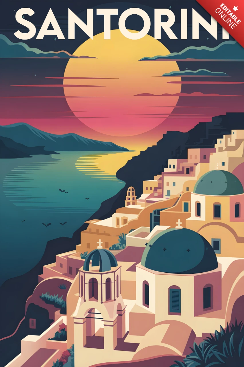Vista del tramonto delle cupole blu a strapiombo e del mare egeo, modello di design per poster di viaggio a Santorini.