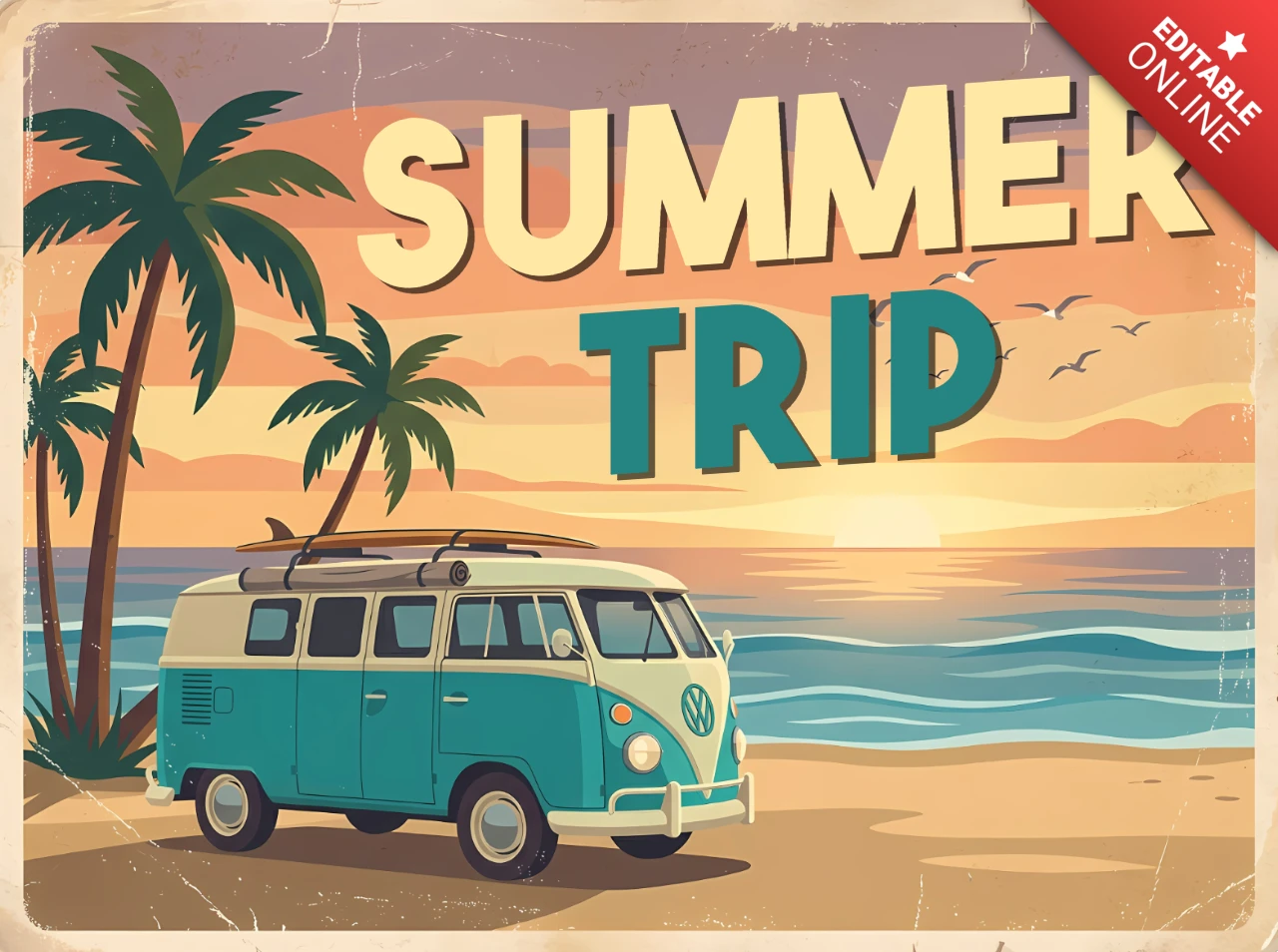 Vintage Summer Road Trip Greeting Card with Retro Camper Van and Beach Sunset
