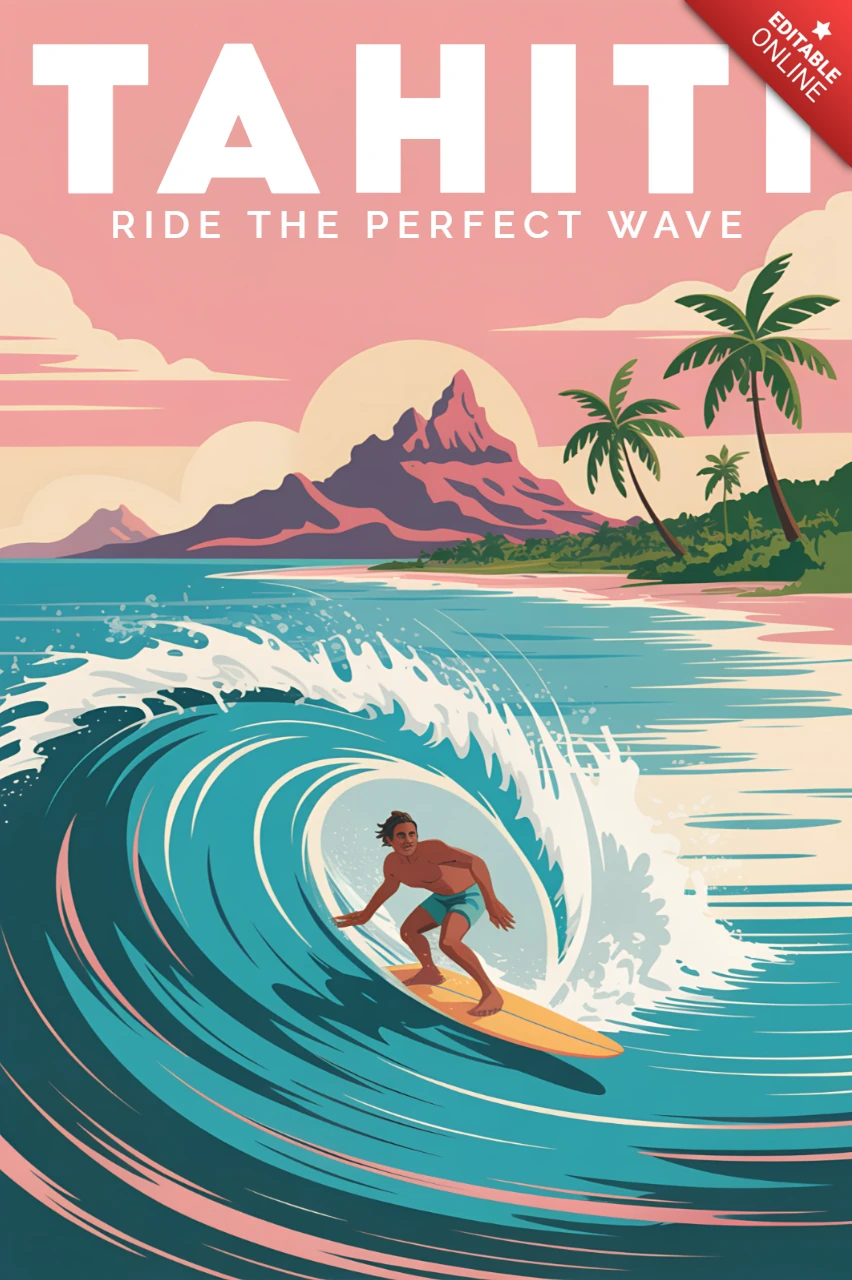 Surfing Tahiti Wave Illustration for Retro Flat Travel Posters and Postcards Design