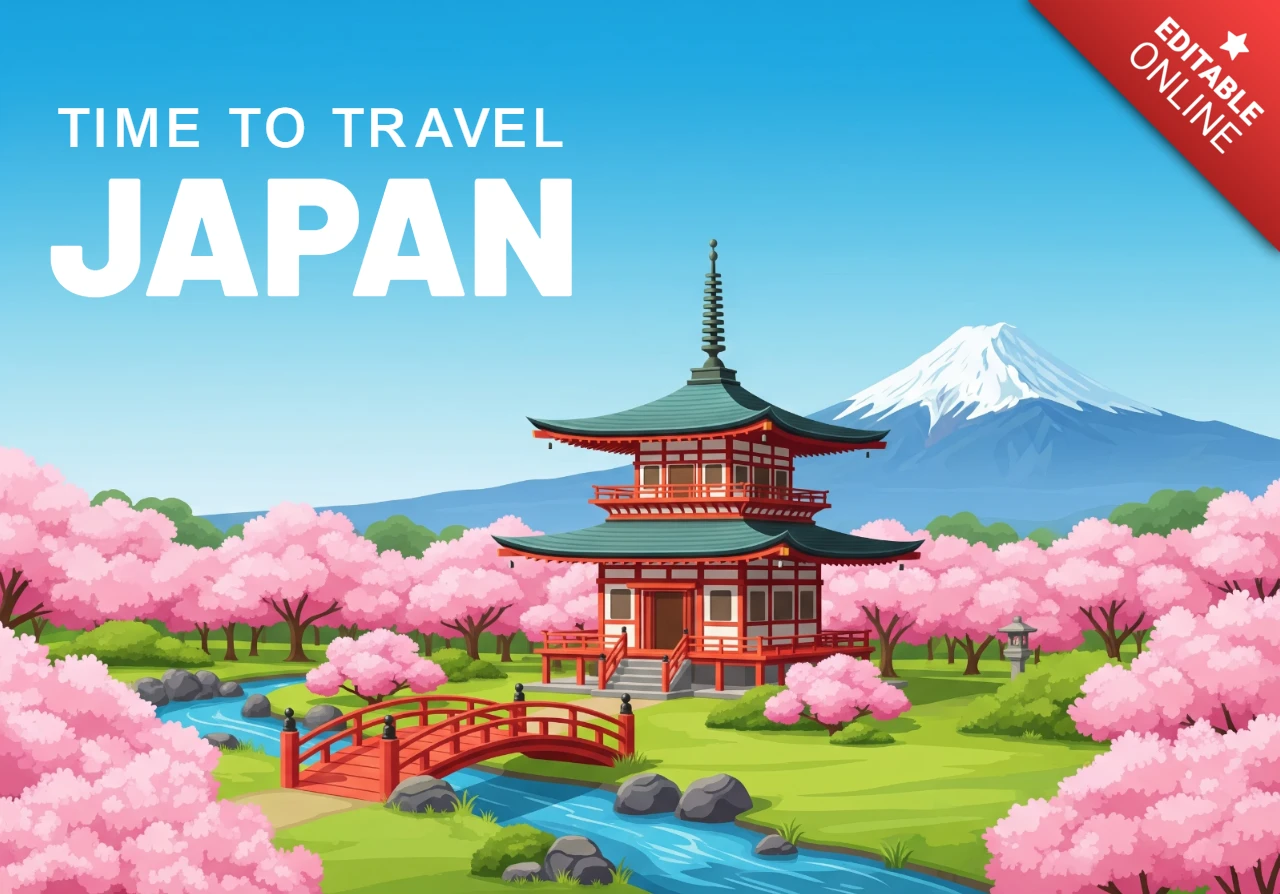 Verken Japan poster iconische pagode en bloeiende sakura met majestueuze Fuji en serene stroom