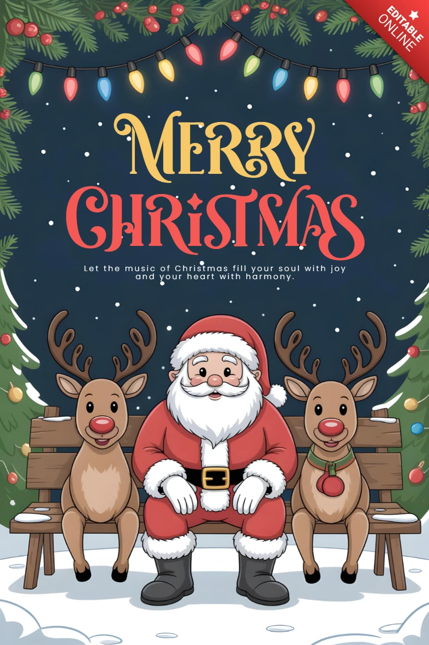 Pôster de Natal feliz, papai noel sentado em um banco com rena em cena noturna festiva com ornamentos e flocos de neve, modelo de design.