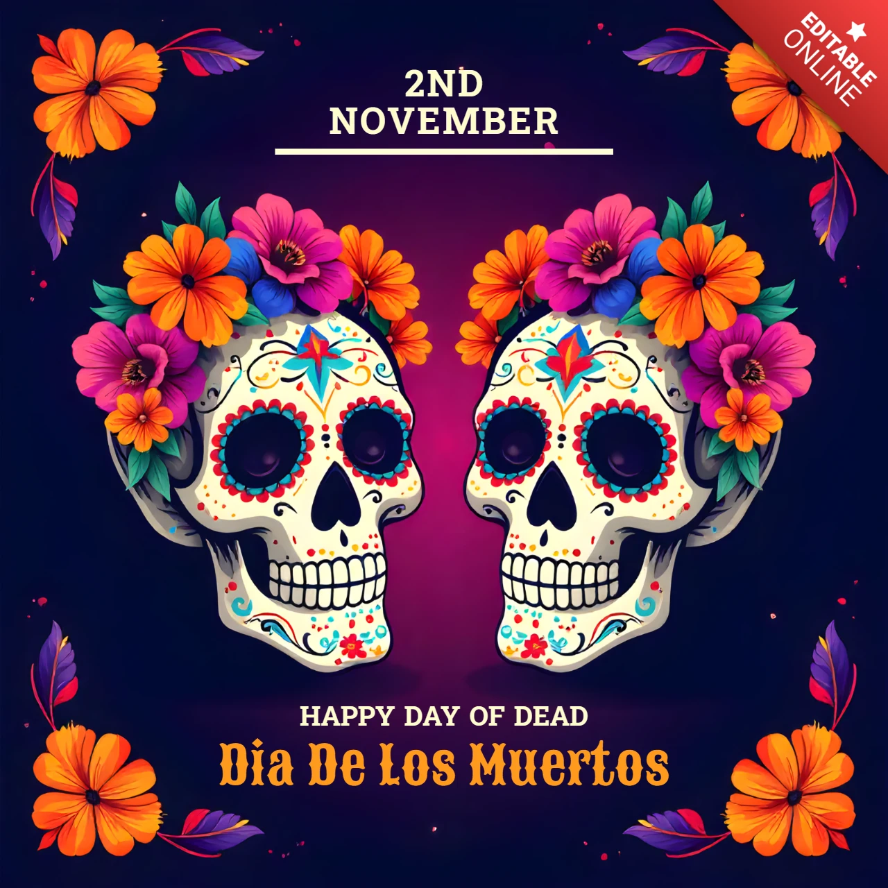 Template de design de caveira colorida do dia de los muertos para pôsteres e cartões de saudação