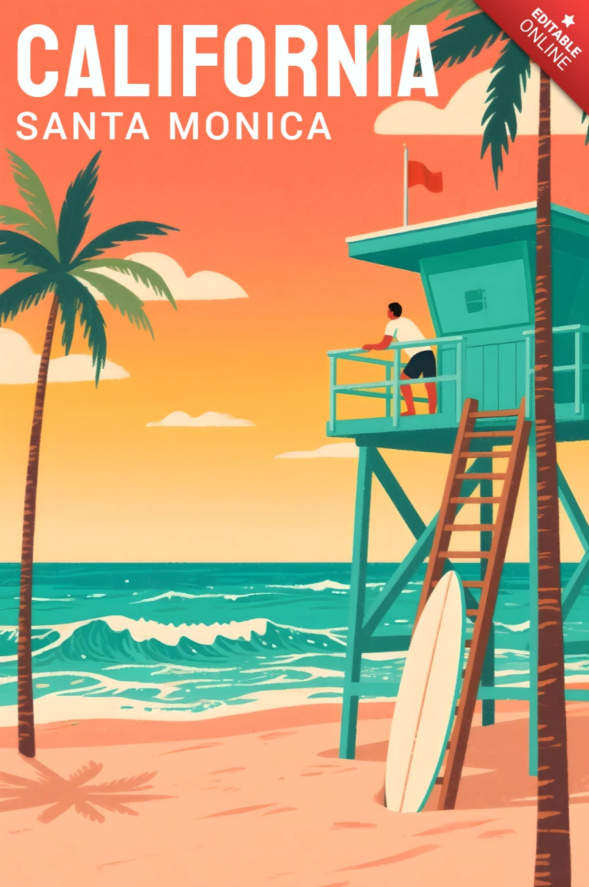 California Sunset Beach Scene Design for Retro Flat Posters Print