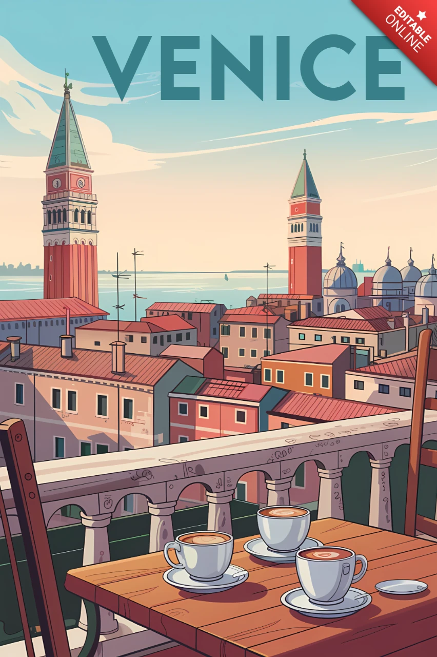 Illustrazione della colazione a Venezia per design di poster retro flat