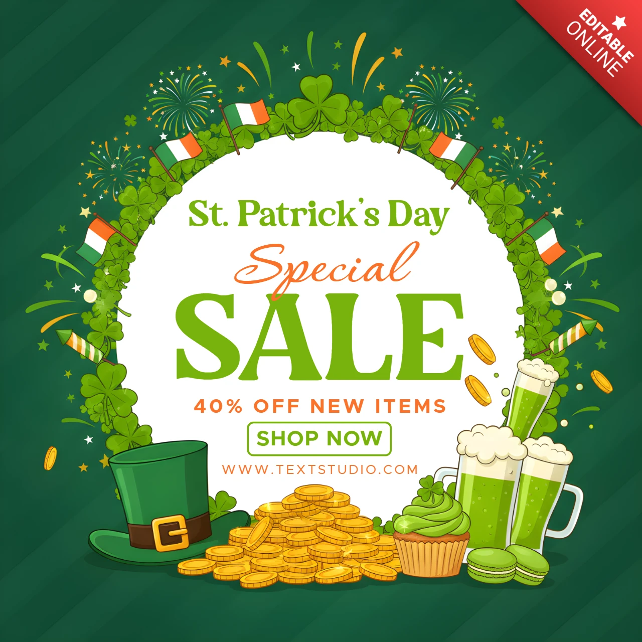 Modèle d'affiche de vente pour la Saint-Patrick avec des trèfles, une chope de bière, un cupcake et un cadre circulaire festif.