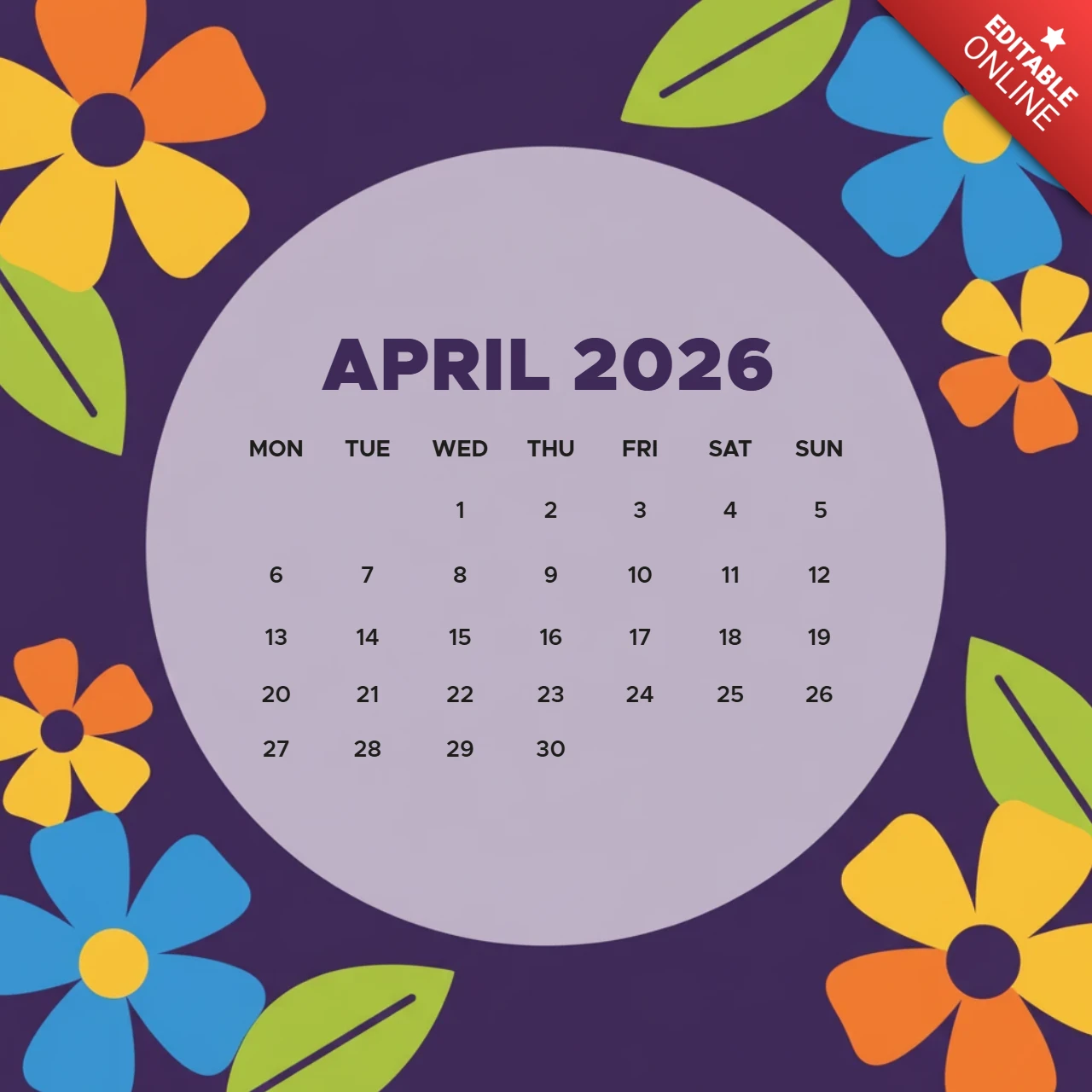 Calendario circolare lavanda con fiori arancioni, gialli, blu e design decorativo elegante, poster del calendario aprile 2026