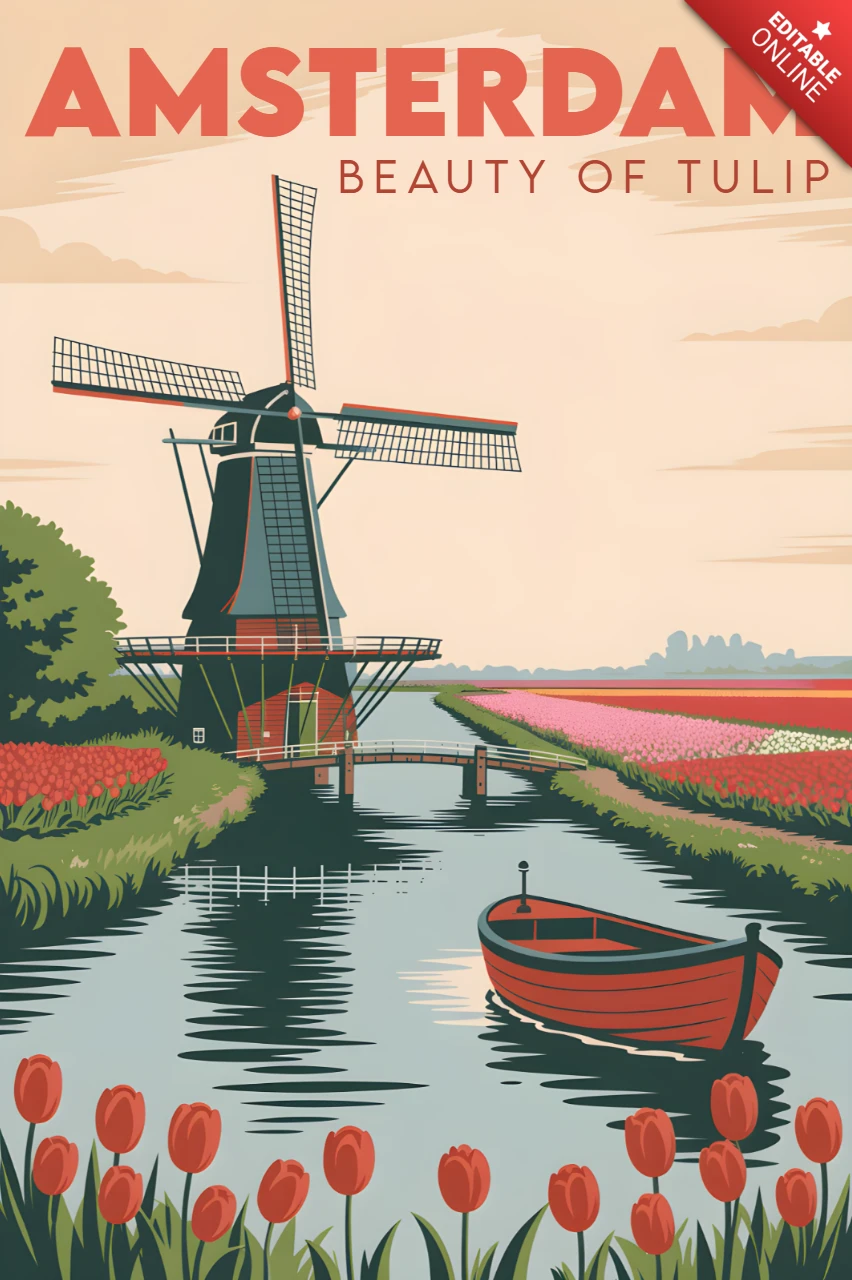 Template de design retro para pôsteres dos campos de tulipas de Amsterdã