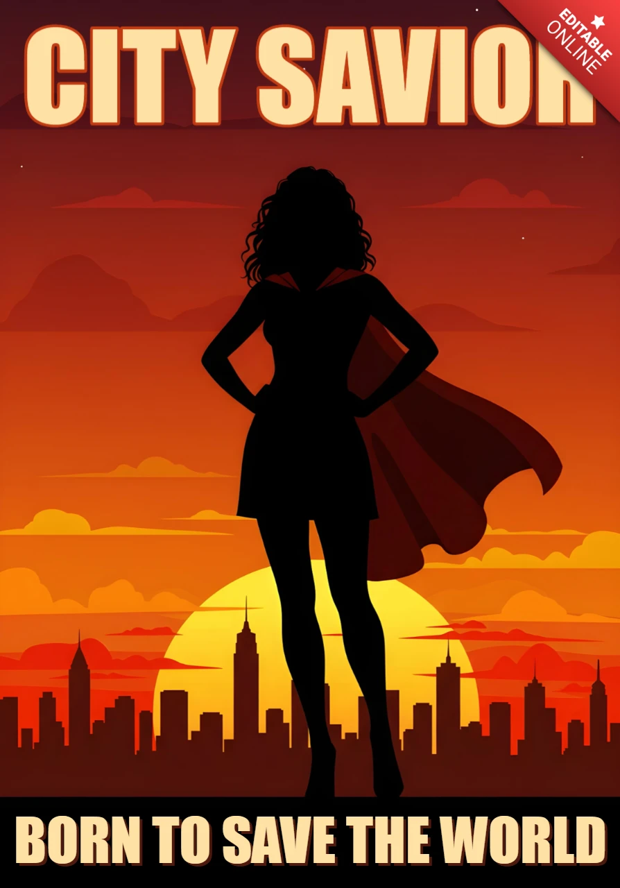 Stad redder superheld silhouet met cape & zonsondergang skyline stad redder poster ontwerp sjabloon