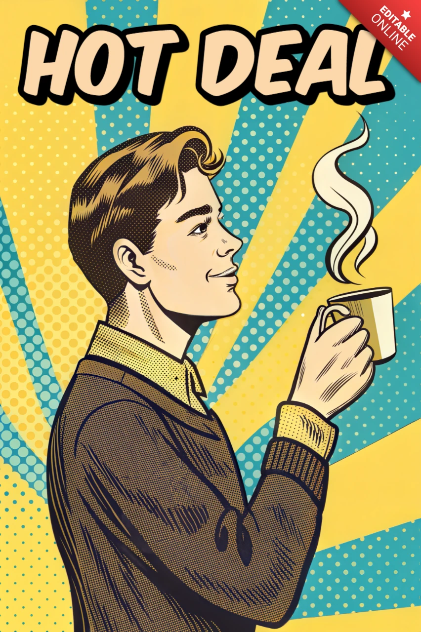 Pop-Art-Designvorlage für ein Werbeflyer für heiße Angebote mit Kaffeethema