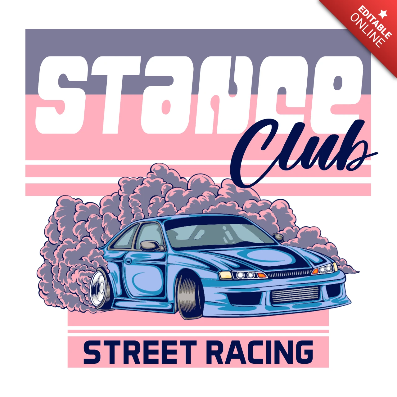 Graphique de voiture de drift bleue Stance club avec fumée et typographie de course de rue modèle de t-shirt